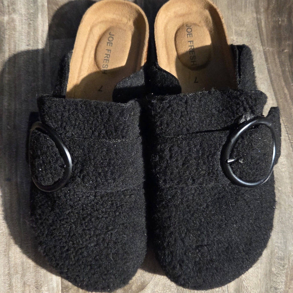 Joe Fresh Black Fuzzy Slip-On Clogs